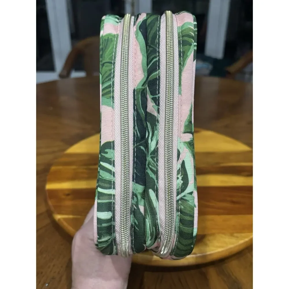 Sophia Joy Fabric Tropical Leaf Print Double Zip Makeup Bag, Green/Pink